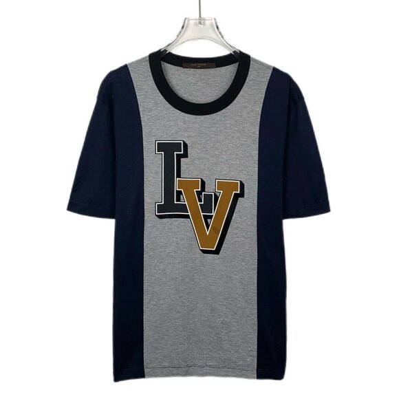 LOUIS VUITTON Grey & Navy LV Logo Cotton T-Shirt Size M Made In Italy - Picture 1 of 7